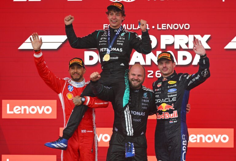 Podio GP Canada 2026 Antonelli Hamilton Verstappen Mercedes Ferrari Red Bull