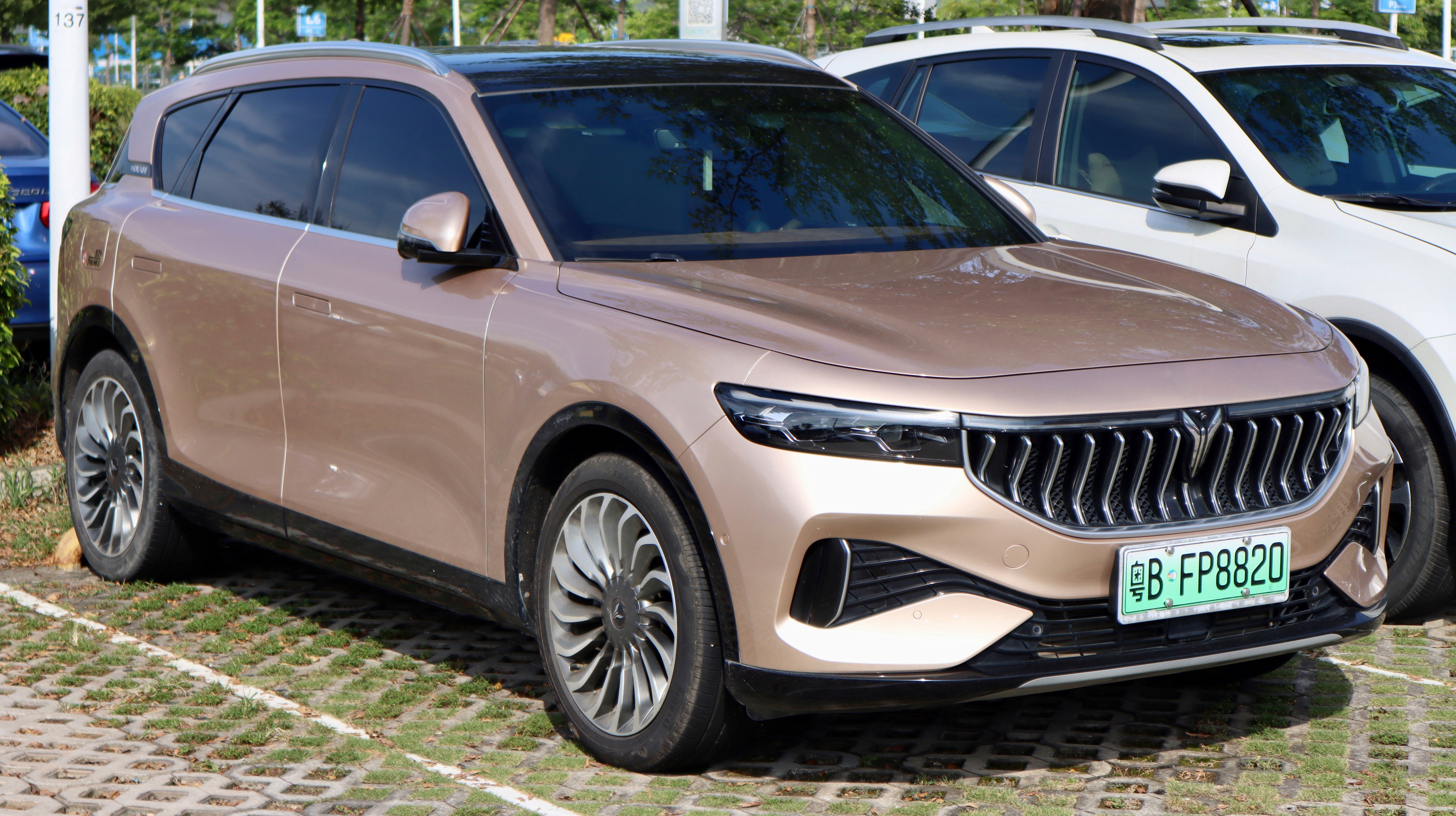 Voyah Free SUV elettrico premium Dongfeng livrea champagne vista 3/4 frontale brand cinese Stellantis joint venture europea
