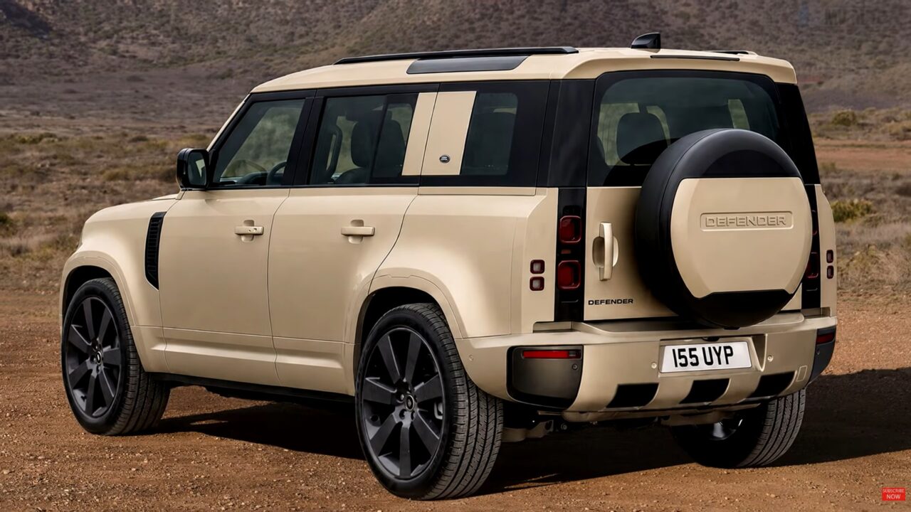 Nuova Land Rover Defender 2027 render posteriore tre quarti