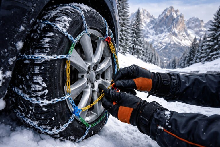Montaggio catene da neve su strada innevata nelle Dolomiti