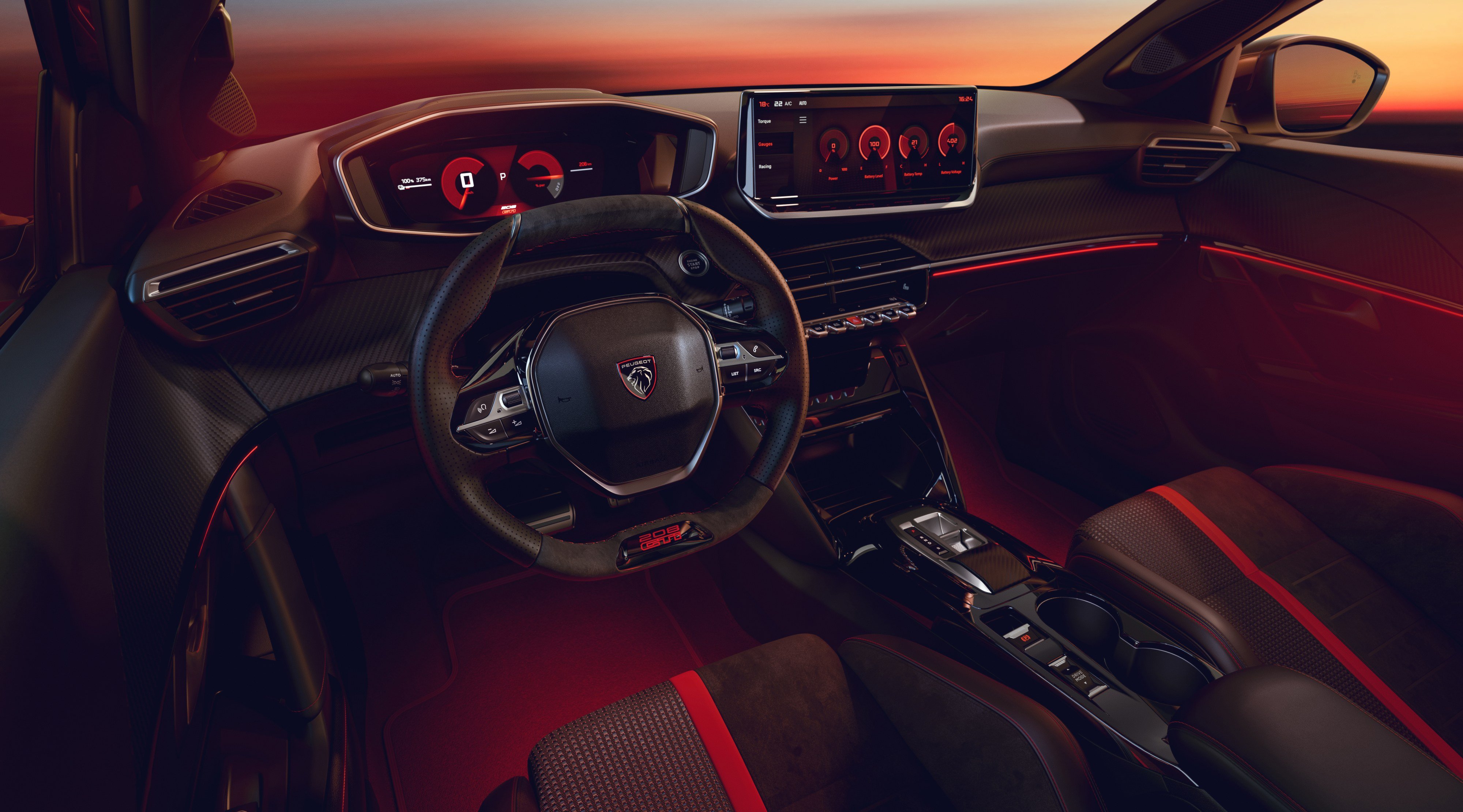 Peugeot E-208 GTi 2026 interni con i-Cockpit e dettagli rossi