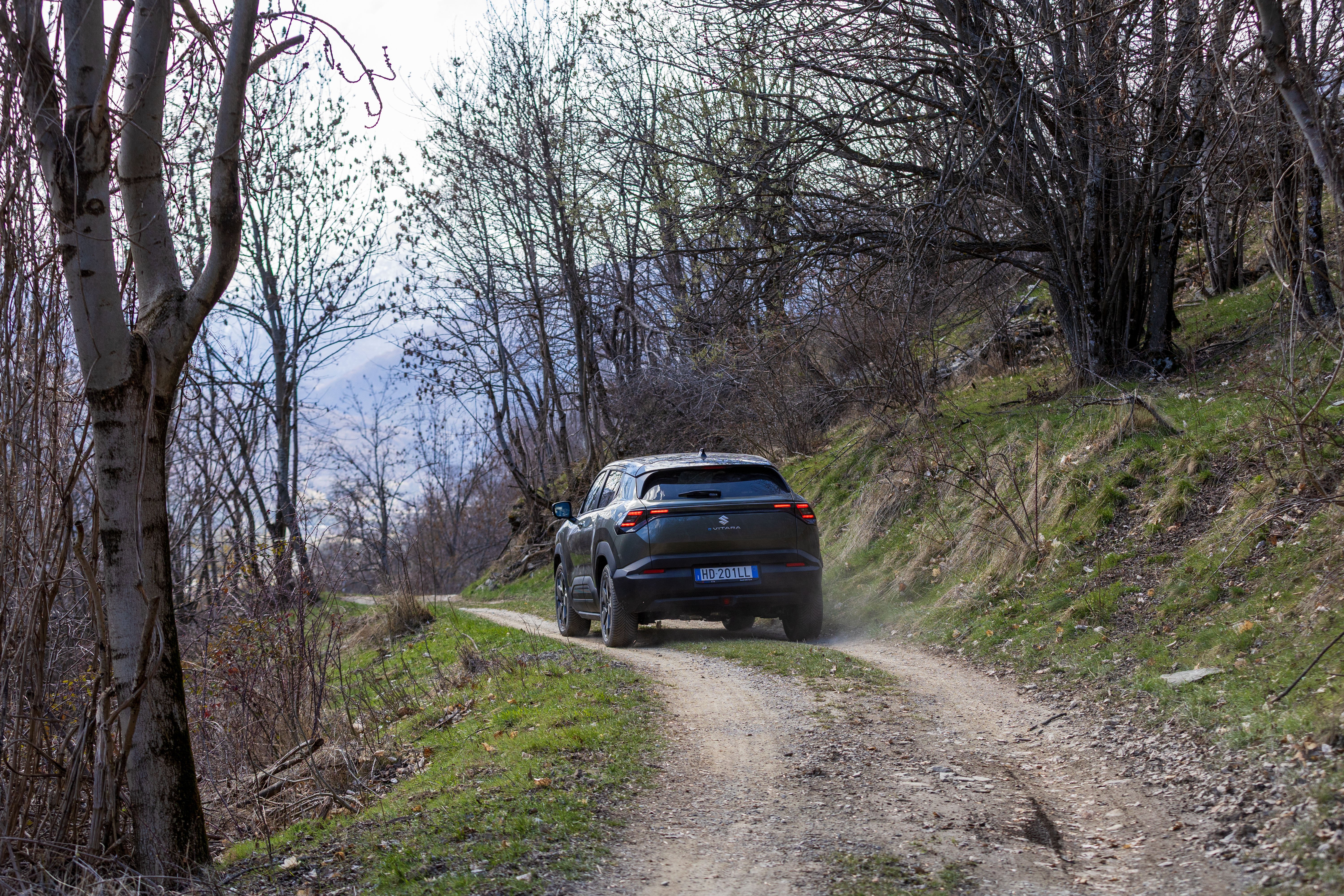 Suzuki e-Vitara 2026 laterale in curva nel bosco
