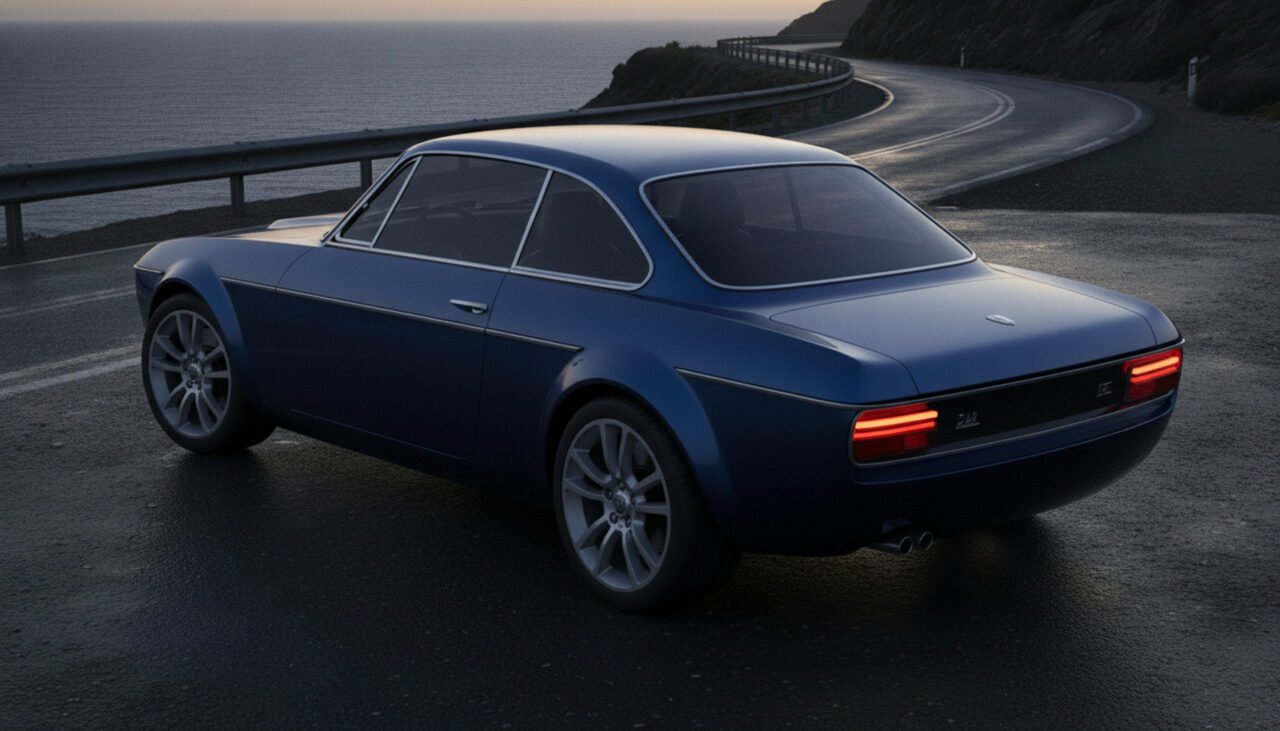 Render posteriore di una nuova Lancia Fulvia coupé futuristica blu