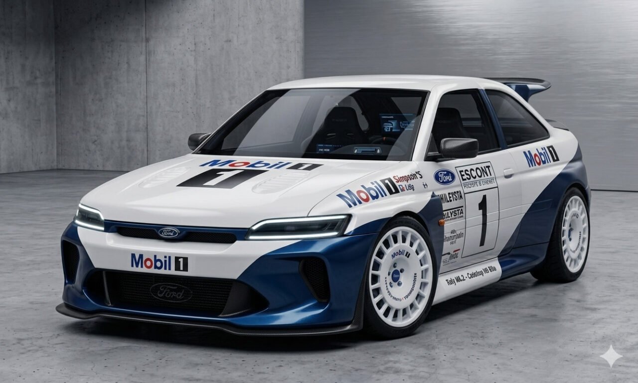 Ford Escort Cosworth 2027 concept render vista anteriore tre quarti