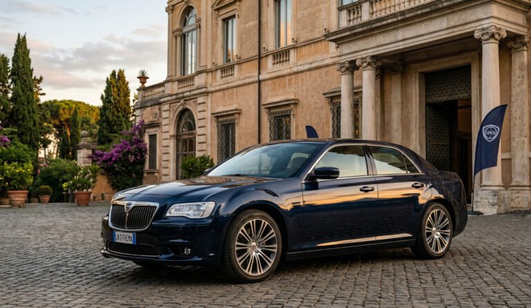 Render Nuova Lancia Thema ammiraglia italiana moderna blu scuro