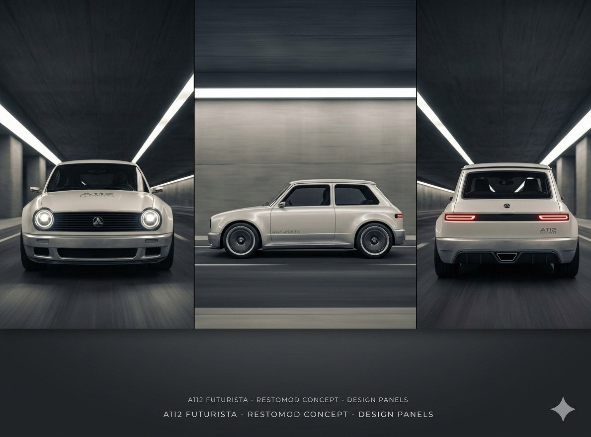 Render Autobianchi A112 con marchio Lancia, concept di designer indipendente