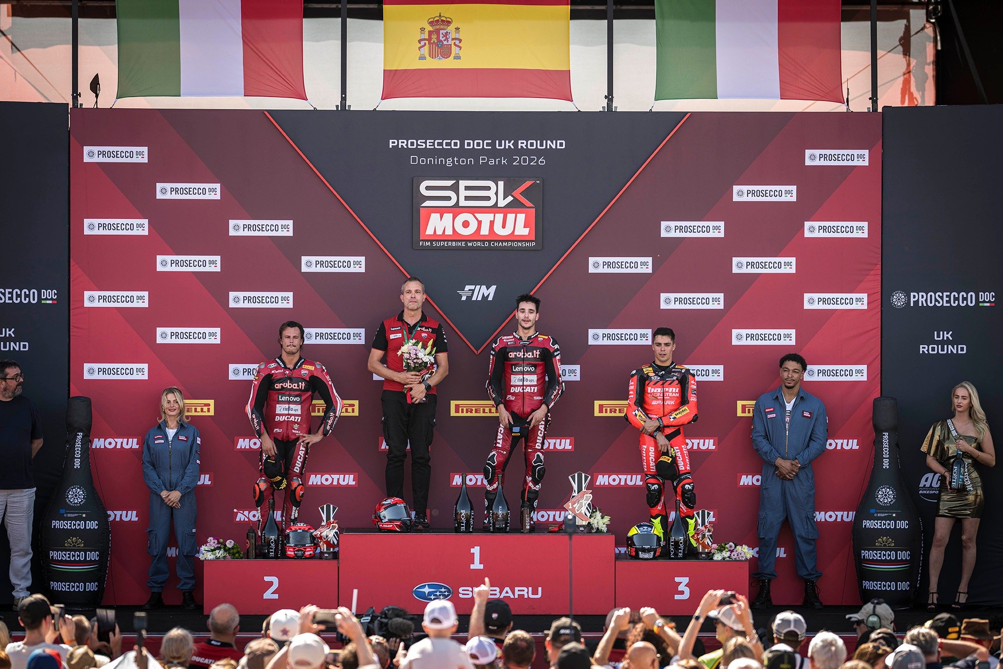 Podio Gara 1 SBK Donington 2026 con Lecuona Bulega Montella