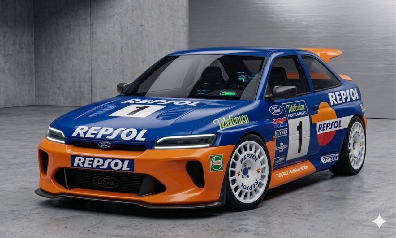 Ford Escort Cosworth 2027 concept render vista posteriore con ala biplano