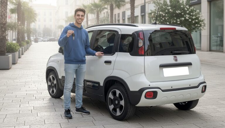 Ragazzo neopatentato con le chiavi accanto alla Fiat Pandina bianca — elaborazione grafica su foto ufficiale Stellantis