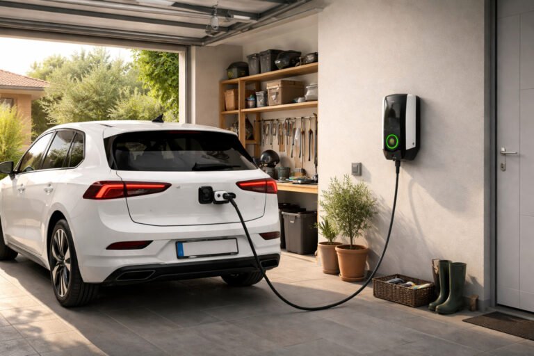 Auto elettrica in ricarica alla wallbox nel garage di casa