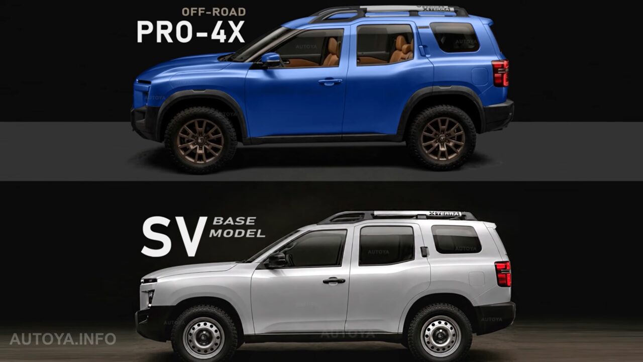 Nuova Nissan Xterra 2028 render laterale, versioni Pro-4X e SV