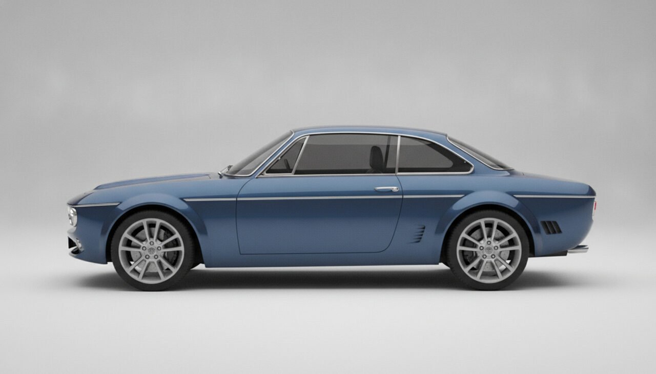Render profilo laterale di una nuova Lancia Fulvia coupé futuristica blu