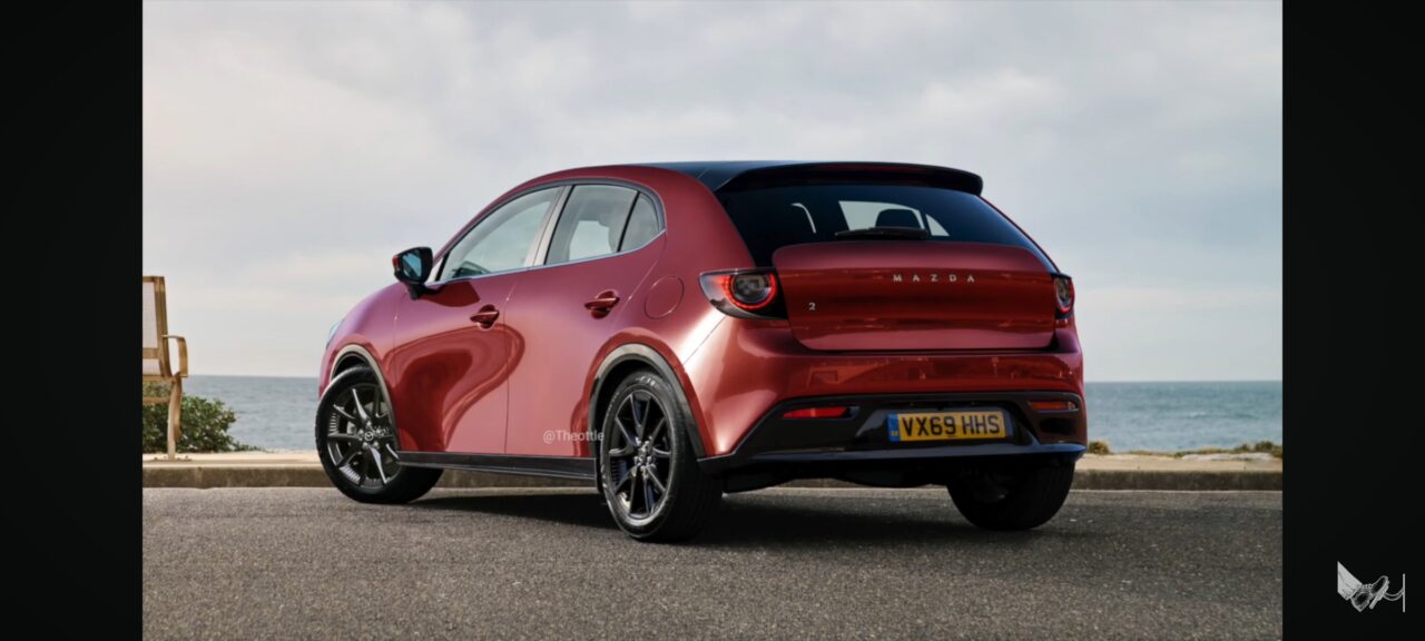 Render della nuova Mazda 2 2027, vista posteriore tre quarti
