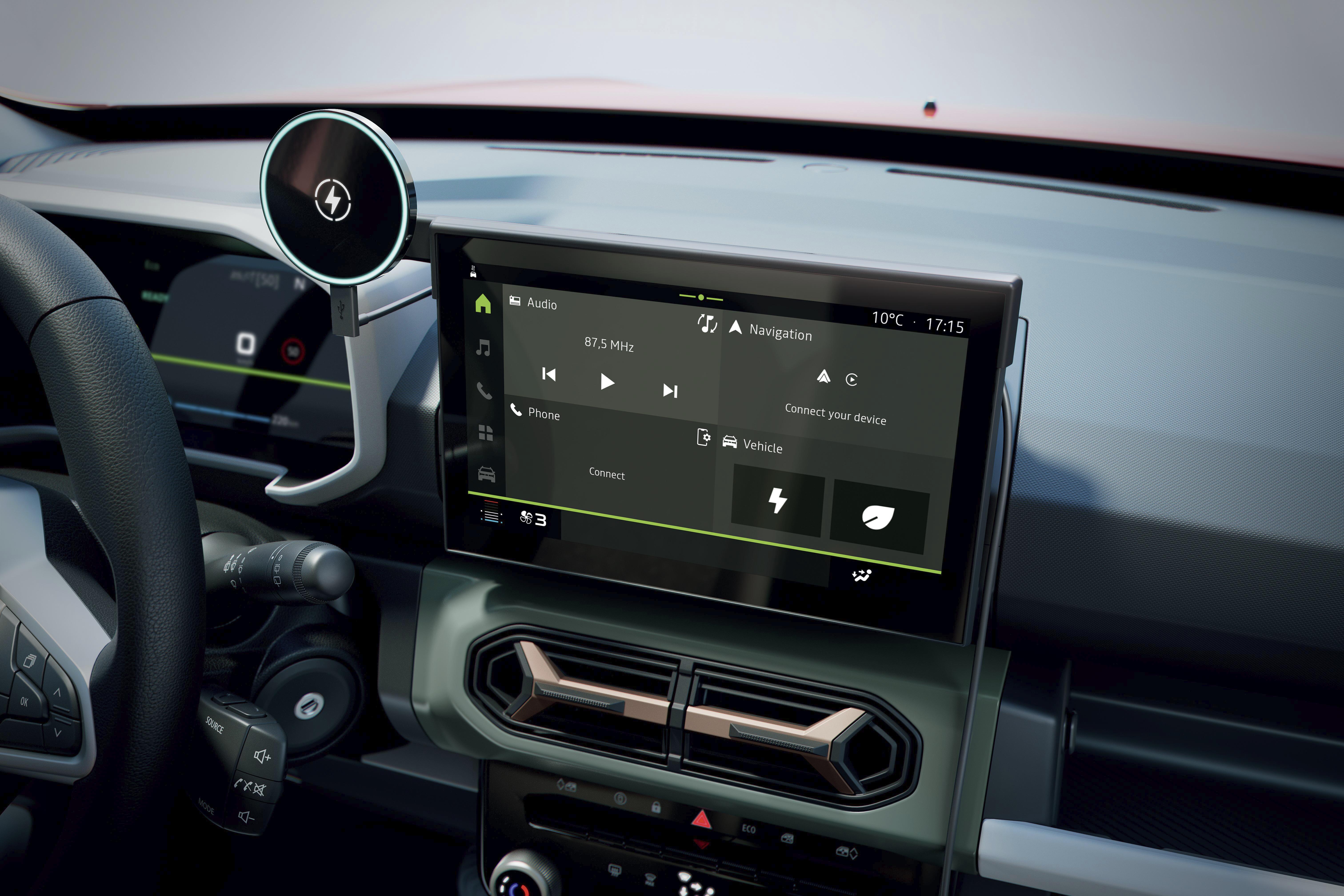 Interni Dacia Spring 2026 con schermo infotainment da 10 pollici e dettagli color rame