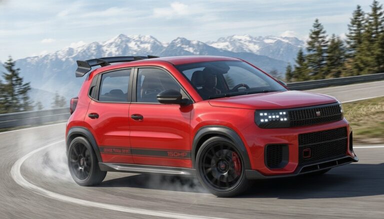 Nuova Fiat Grande Panda Sport 150 CV rossa in azione (elaborazione grafica della redazione)