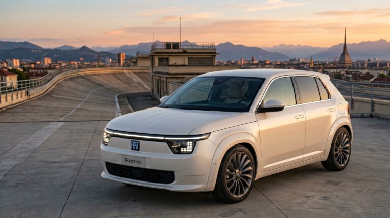 Nuova Fiat Ritmo 2028 render fronte tre quarti su tetto Lingotto Torino