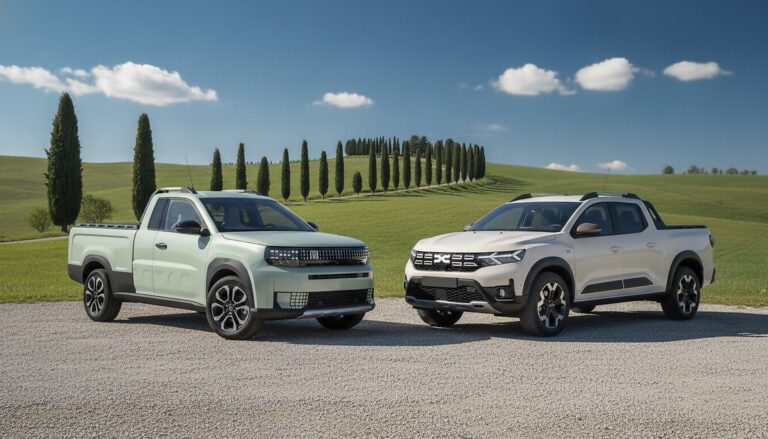 Render dei possibili Fiat Grande Panda pick-up e Dacia Duster pick-up a confronto, elaborazione grafica della redazione